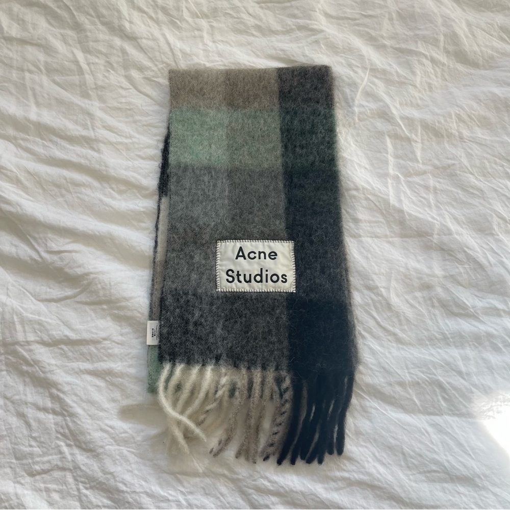 Acne Mohair Checked Scarf in Green/Grey/Black